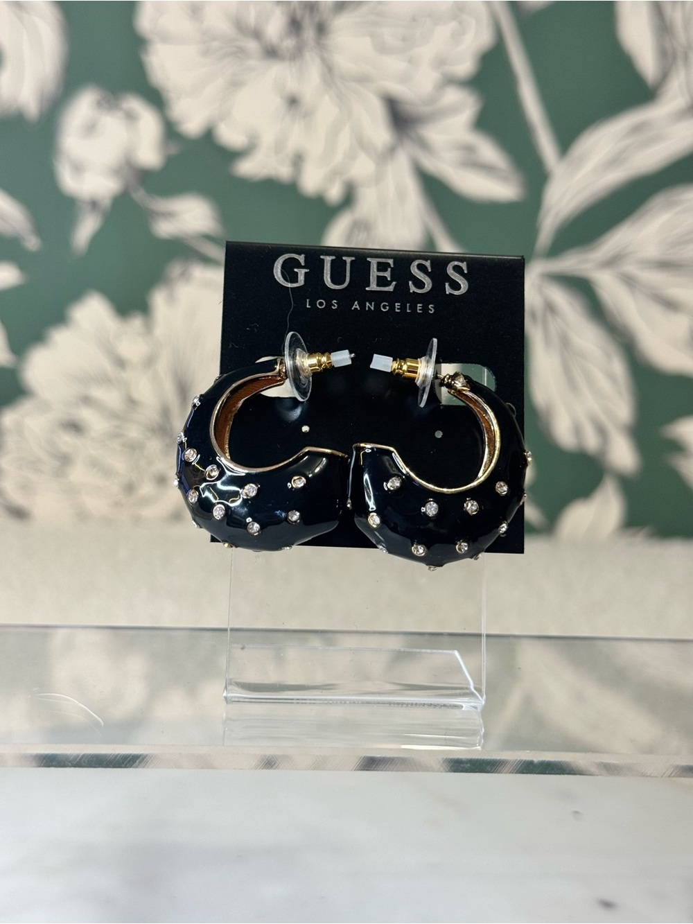 GUESS Black Enamel Crystal Studded Hoop Earrings NWT